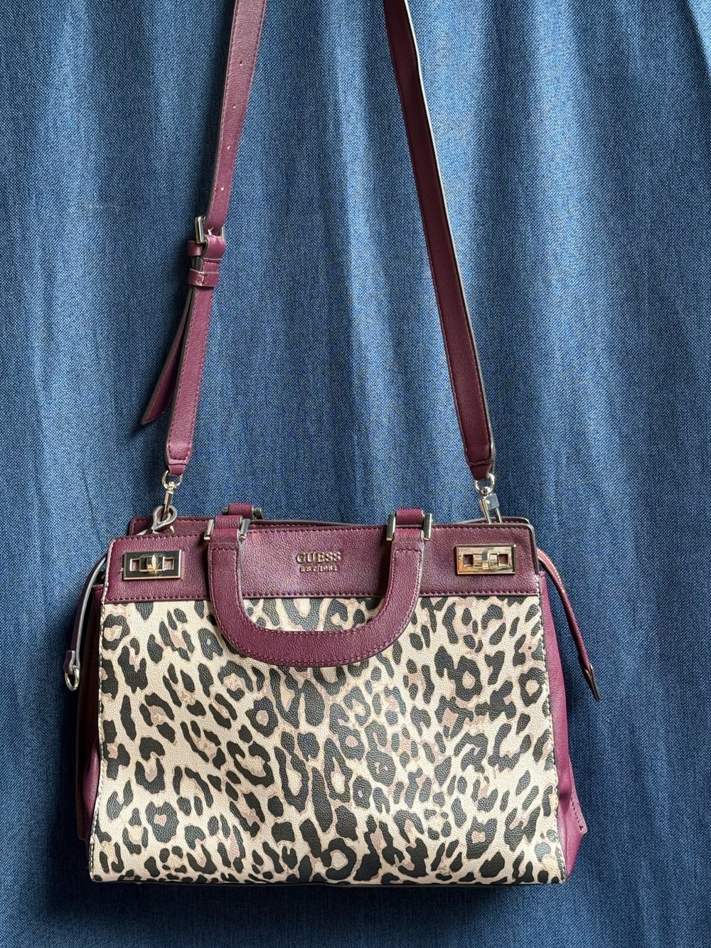 2021 GUESS Katey Luxury Satchel Bag Prune Leopard Print Medium Crossbody